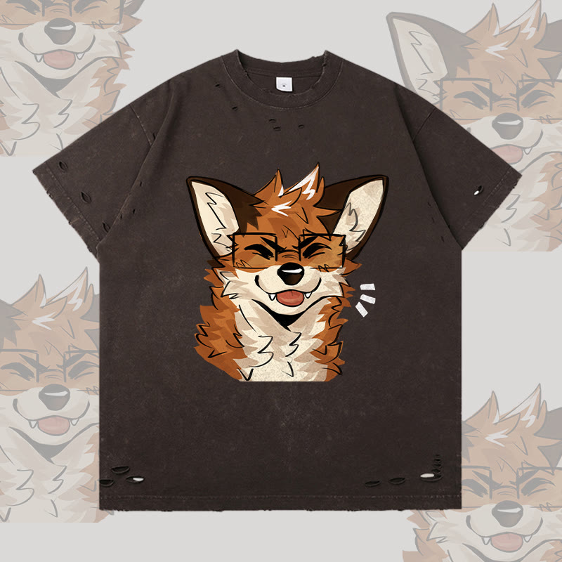 MODAKAWA X atka Fox Wearing Glasses Graphic Ripped T-shirt - Dark Brown - 2XL - image 1
