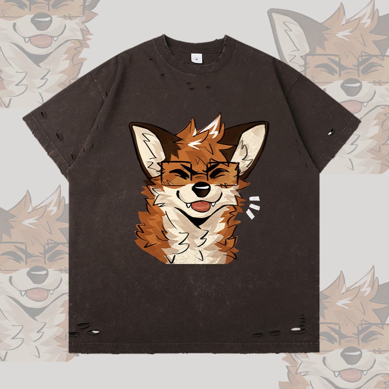 MODAKAWA X atka Fox Wearing Glasses Graphic Ripped T-shirt - Dark Brown - 2XL - image 1