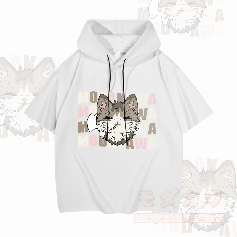 MODAKAWA Smoking Cat Graphic Short Sleeve Hoodie - White - 3XL - image 1