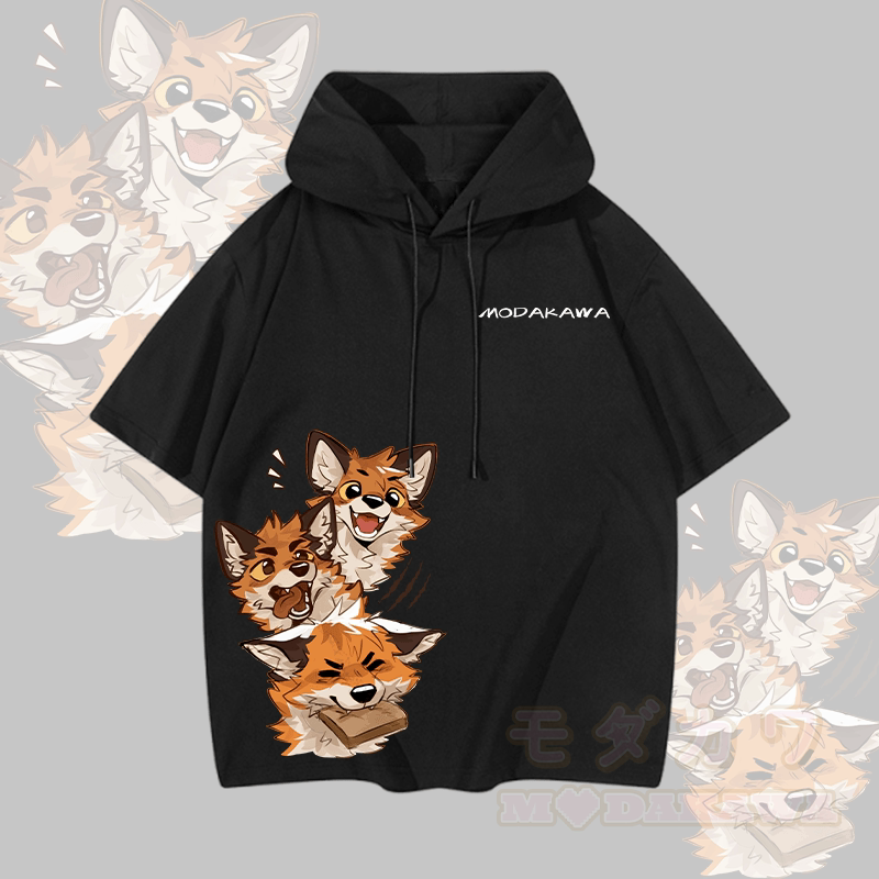 MODAKAWA X atka Funny Fox Graphic Short Sleeve Hoodie - Black - 3XL - image 1