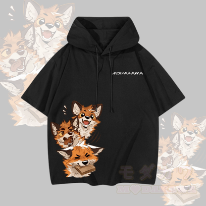 MODAKAWA X atka Funny Fox Graphic Short Sleeve Hoodie - Black - 3XL - image 1