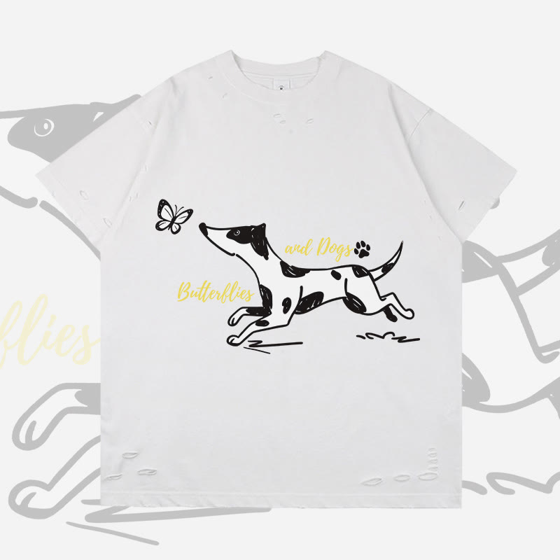 MODAKAWA Spotted Dog and Butterfly Graphic Ripped T-shirt - White - 2XL - image 2