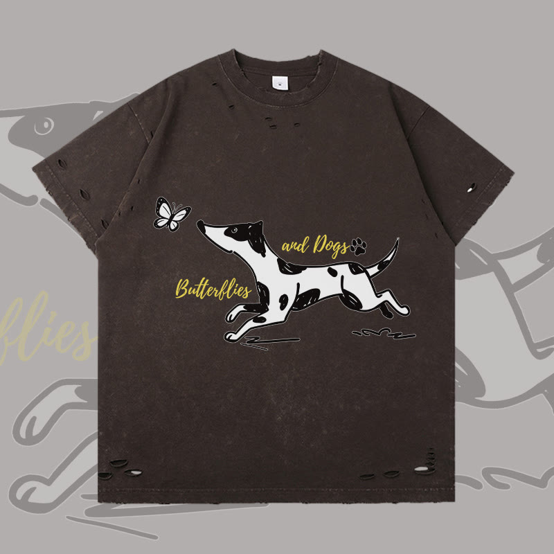 MODAKAWA Spotted Dog and Butterfly Graphic Ripped T-shirt - Dark Brown - 2XL - image 3