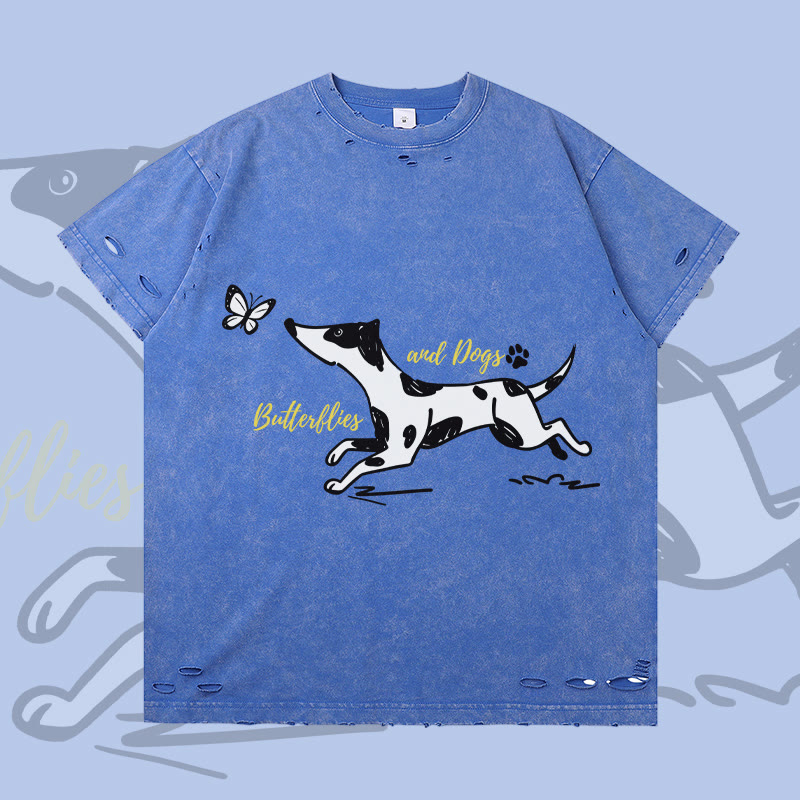 MODAKAWA Spotted Dog and Butterfly Graphic Ripped T-shirt - Blue - 2XL - image 1