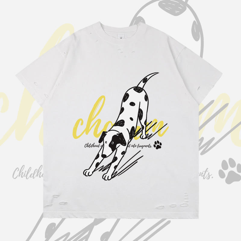 MODAKAWA Stretching Spotted Dog Graphic Ripped T-shirt - White - 2XL - image 3