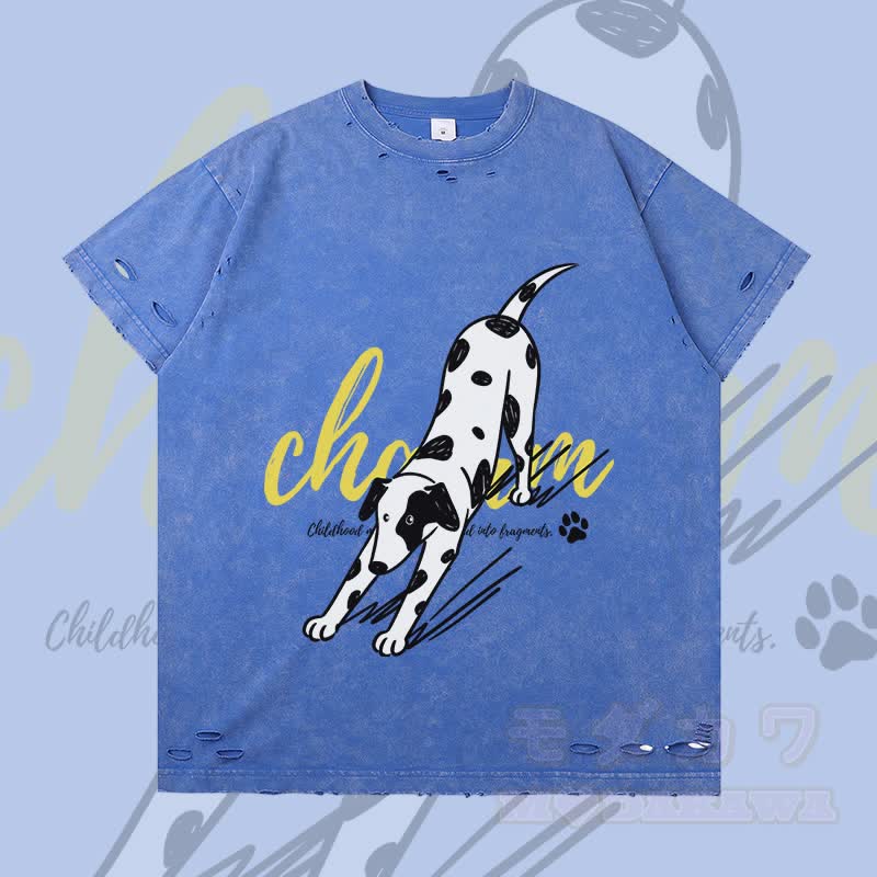 MODAKAWA Stretching Spotted Dog Graphic Ripped T-shirt - Blue - 2XL - image 4