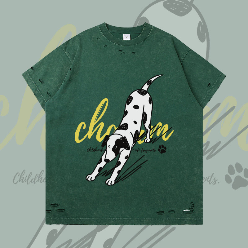 MODAKAWA Stretching Spotted Dog Graphic Ripped T-shirt - Dark Green - 2XL - image 1