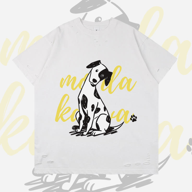 MODAKAWA Playful Spotted Dog Graphic Ripped T-shirt - White - 2XL - image 4