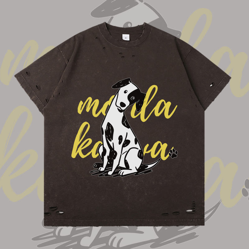 MODAKAWA Playful Spotted Dog Graphic Ripped T-shirt - Dark Brown - 2XL - image 2