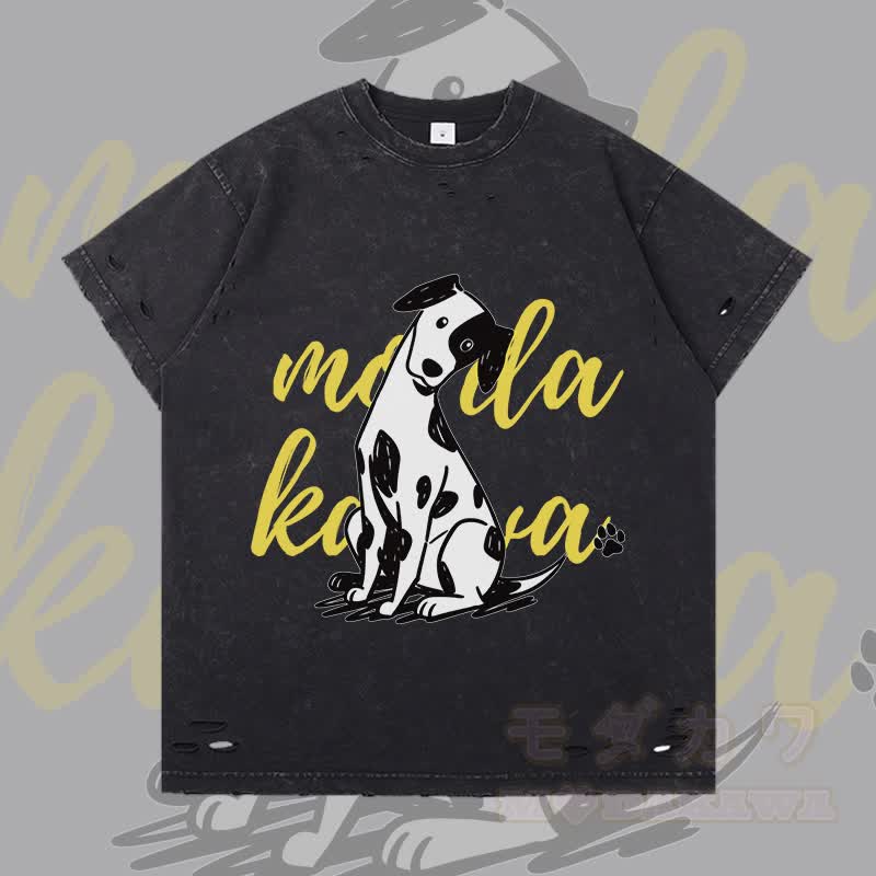 MODAKAWA Playful Spotted Dog Graphic Ripped T-shirt - Black - 2XL - image 3