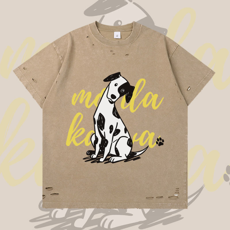 MODAKAWA Playful Spotted Dog Graphic Ripped T-shirt - Brown - 2XL - image 1