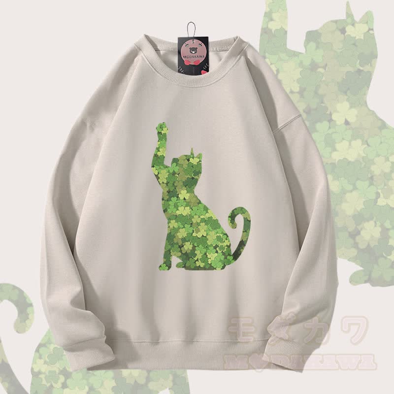 MODAKAWA Clover Cat Graphic Unisex Sweatshirt - Light Beige - 5XL - image 1