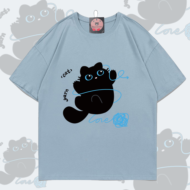 MODAKAWA Funny Black Cat Graphic Couple Top - T-shirt - Grey Blue - 5XL - image 2