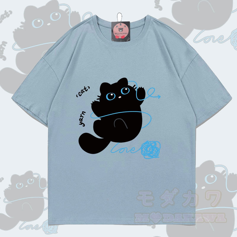 MODAKAWA Funny Black Cat Graphic Couple Top - T-shirt - Grey Blue - 5XL - image 2
