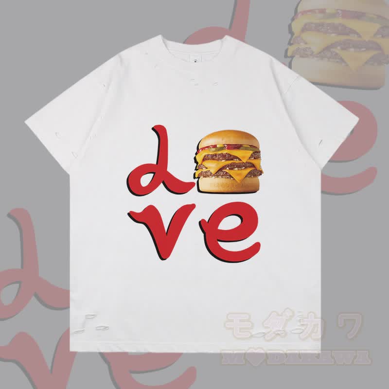 MODAKAWA LOVE Hamburger Graphic Ripped T-shirt - White - 2XL - image 2