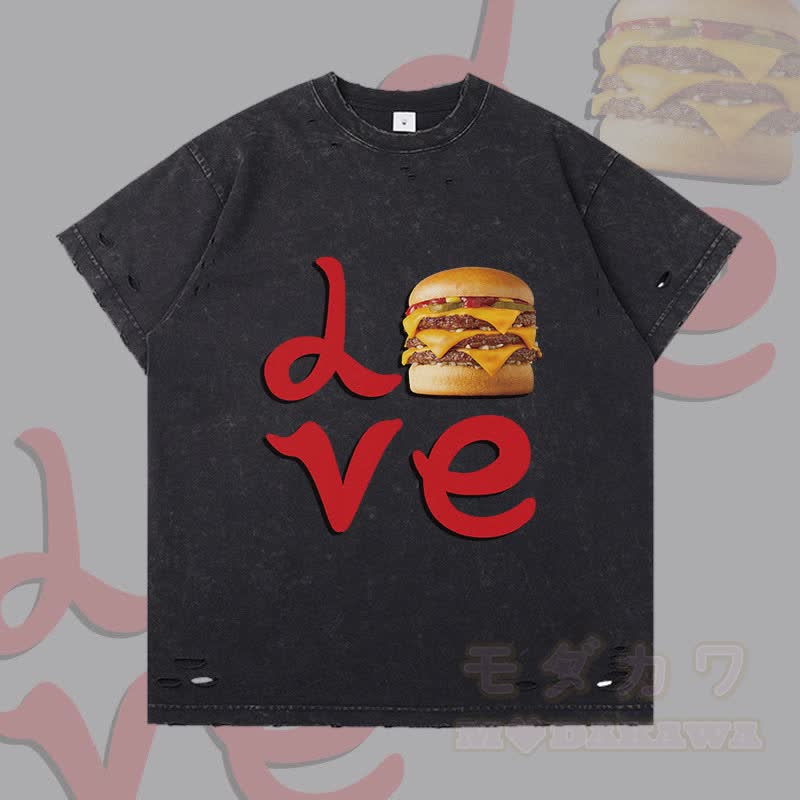 MODAKAWA LOVE Hamburger Graphic Ripped T-shirt - Black - 2XL - image 1