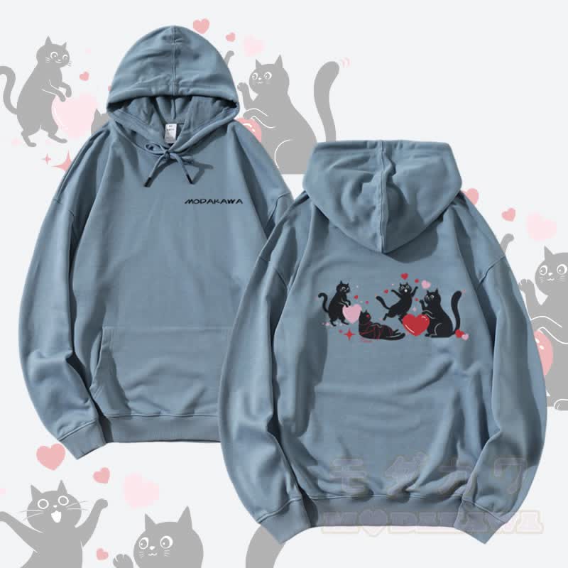 MODAKAWA Playing Black Cat Graphic Streetwear Pullover Hoodie - Dusty Blue - 5XL - image 2