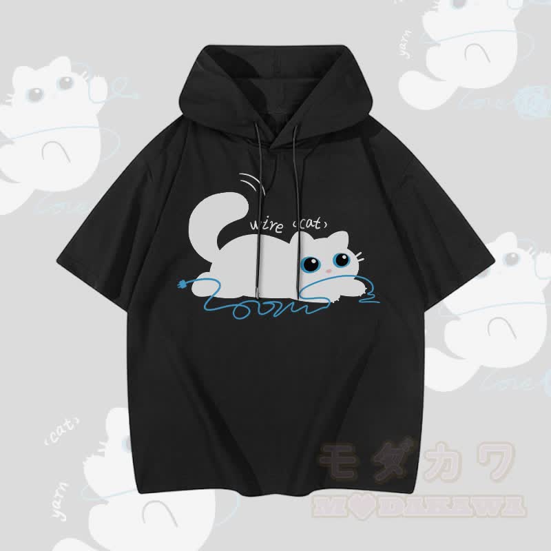 MODAKAWA Cat with Wire Graphic Short Sleeve Hoodie - Black - 3XL - image 4