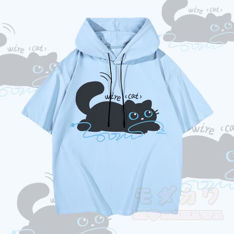 MODAKAWA Cat with Wire Graphic Short Sleeve Hoodie - Blue - 3XL - image 2