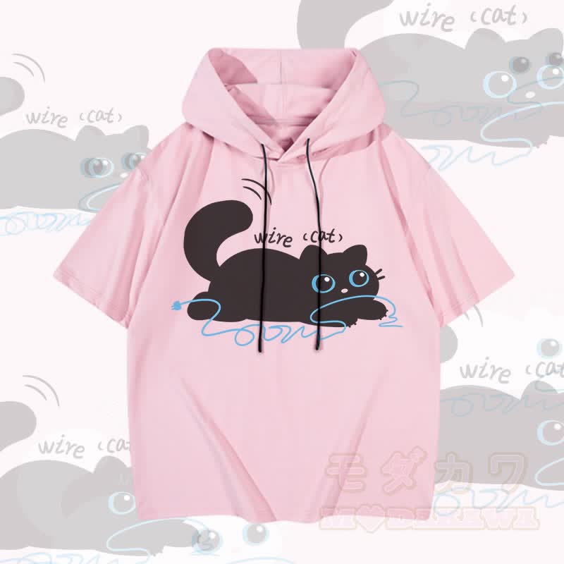 MODAKAWA Cat with Wire Graphic Short Sleeve Hoodie - Pink - 3XL - image 1