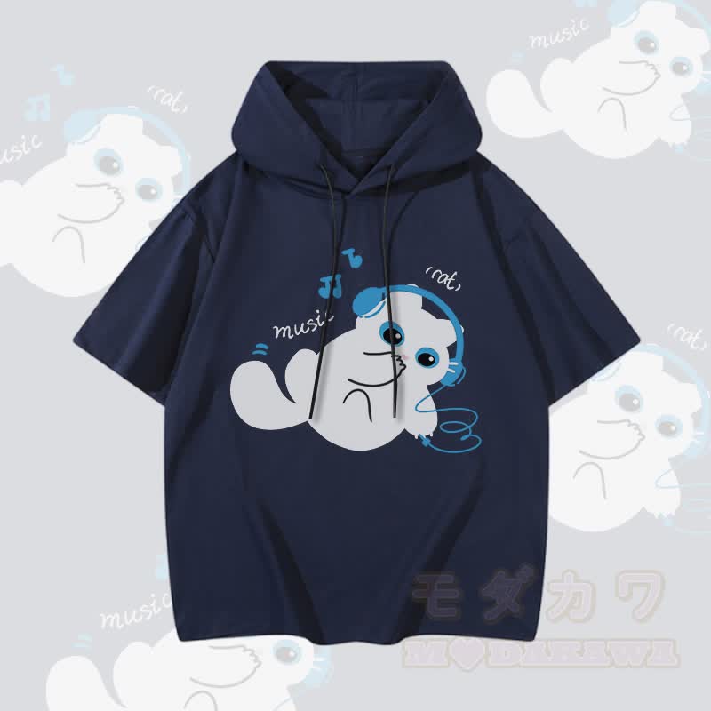 MODAKAWA Cat Listening to Music Graphic Short Sleeve Hoodie - Purplish Blue - 3XL - image 1