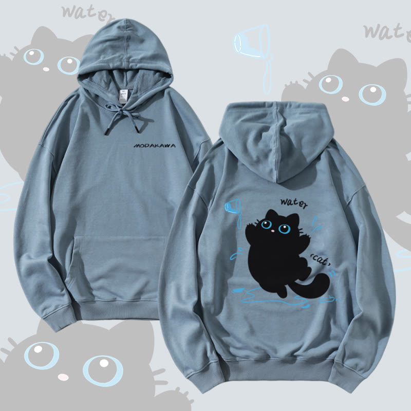 MODAKAWA Playful Black Cat Graphic Cotton-Blend Matching Hoodie - Dusty Blue - 5XL - image 1