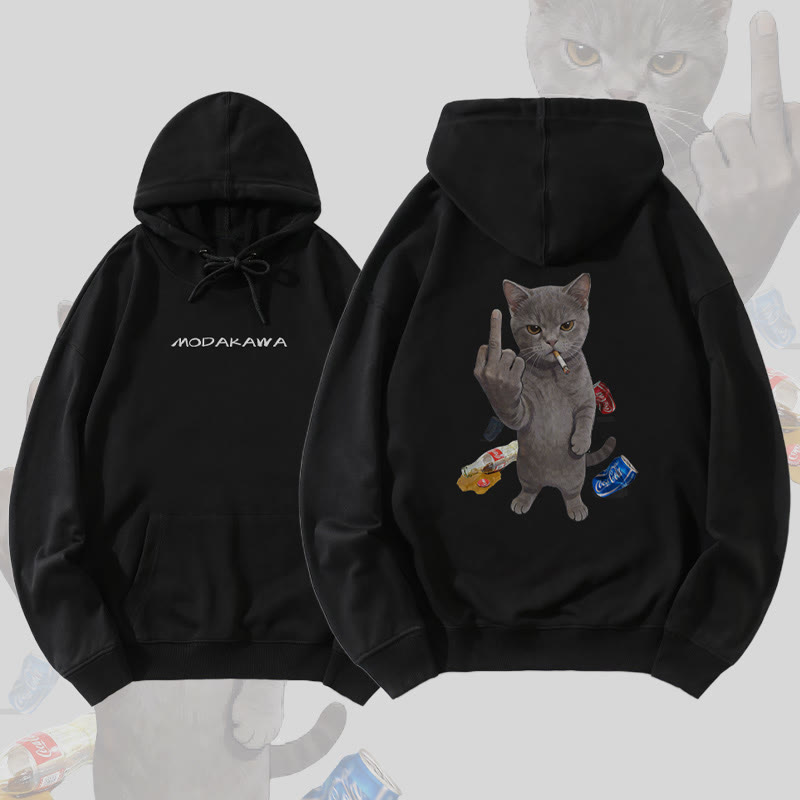 MODAKAWA Defiant Smoking Cat Graphic Cotton-Blend Matching Hoodie - Black - 5XL - image 3