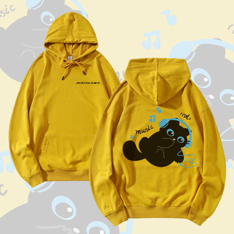 MODAKAWA Black Cat Listening to Music Graphic Cotton-Blend Matching Hoodie - Yellow - 5XL - image 1