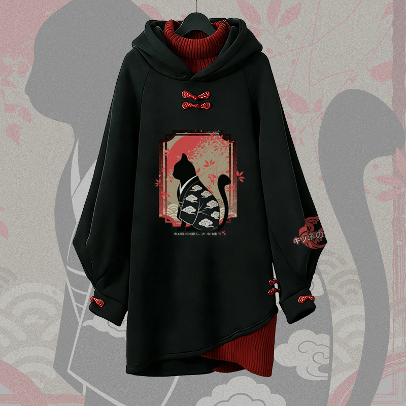 Harajuku Black Cat Graphic Hooded Sweatshirt Dress - Black - 3XL - image 1