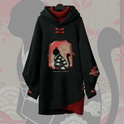 Harajuku Black Cat Graphic Hooded Sweatshirt Dress - Black - 3XL - image 1
