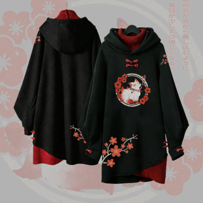 Cherry Blossom Nine-Tailed Fox Graphic Buckle Vintage Hooded Sweatshirt Dress - image 3