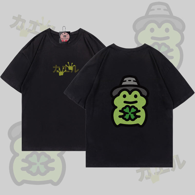 Four-Leaf Clover Frog Graphic T-shirt - Black - 5XL - image 1