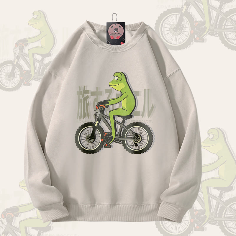 Biking Frog Graphic Unisex Sweatshirt - Light Beige - 5XL - image 1
