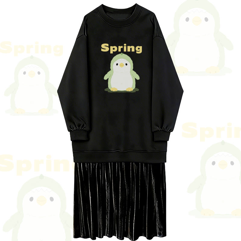 SPRING Penguin Graphic Faux Layered Fleece Lined Sweatshirt Dress - Black - 2XL - image 1