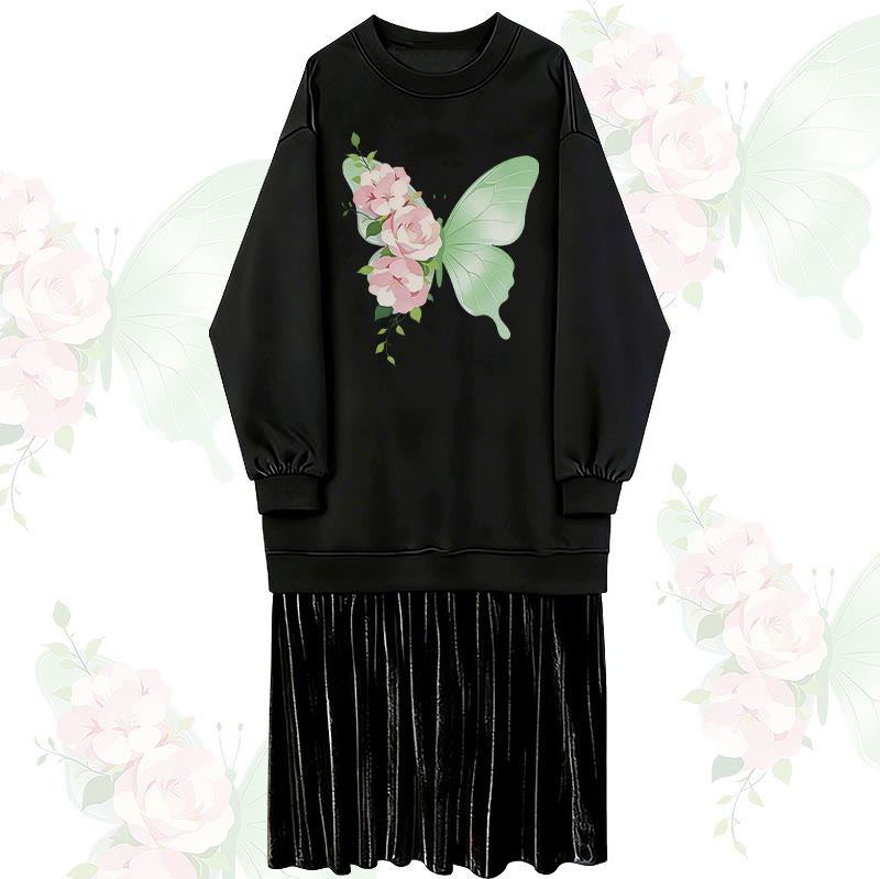 Flower Butterfly Graphic Faux Layered Fleece Lined Sweatshirt Dress - Black - 2XL - image 1