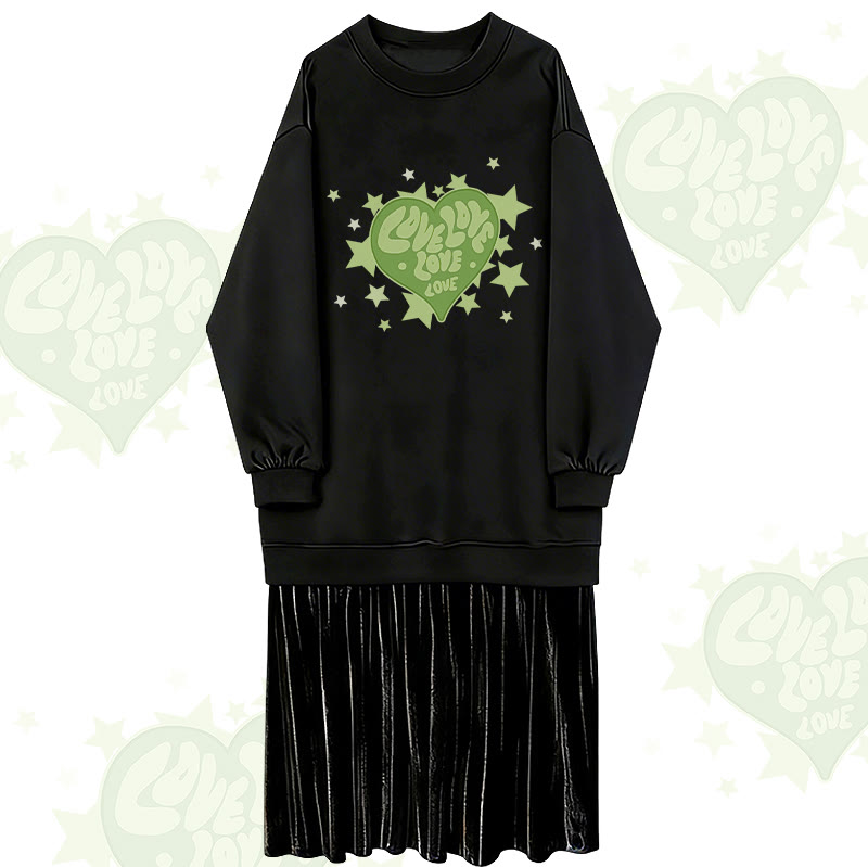 Star Heart Graphic Faux Layered Fleece Lined Sweatshirt Dress - Black - 2XL - image 1