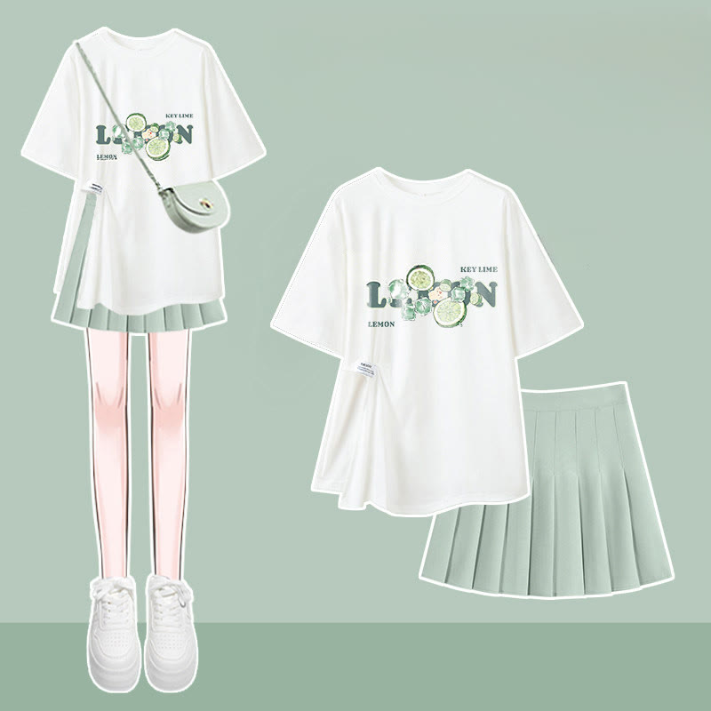 Irregular T-shirt Pleated Skirt Matching Outfit - Two Pieces Set - XL - image 1
