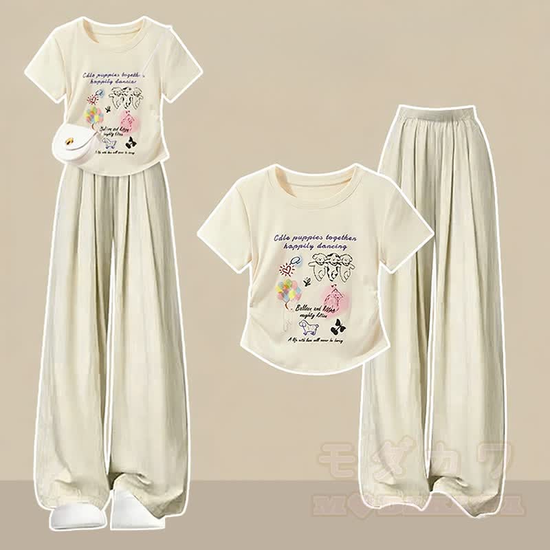 Cute Graphic T-shirt Casual Pants Matching Outfit - Two Pieces Set A - XL - image 1