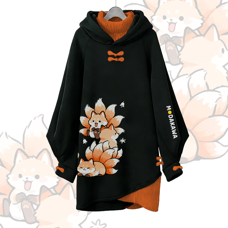 Nine-tailed Fox Graphic Modakawa Buckle Vintage Hooded Sweatshirt Dress - Black A - 3XL - image 2