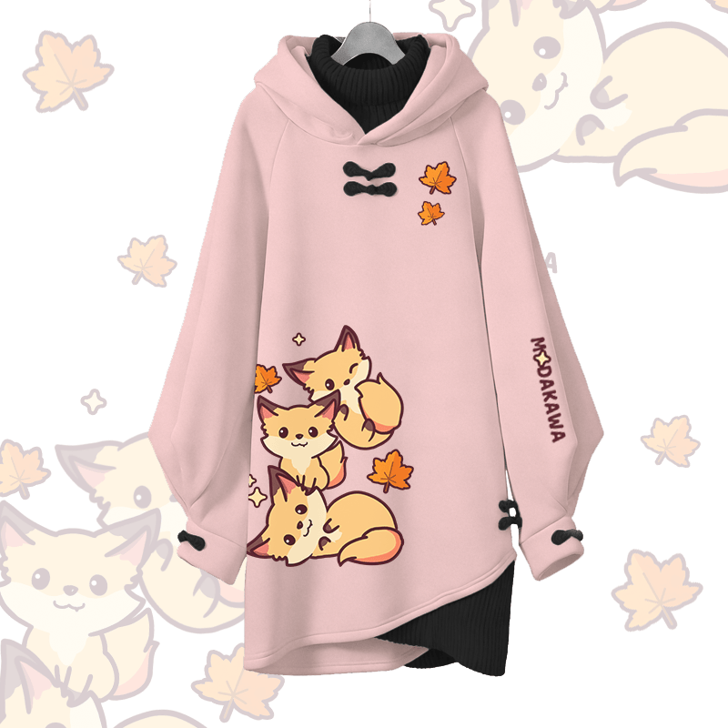 Maple Leaf Fox Graphic Modakawa Buckle Vintage Hooded Sweatshirt Dress - Pink - 3XL - image 2
