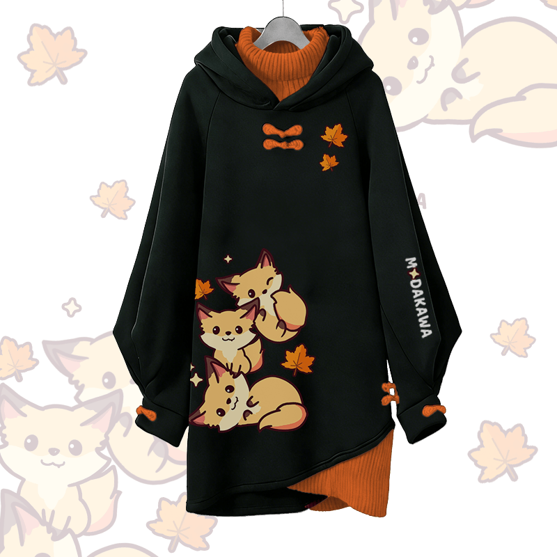 Maple Leaf Fox Graphic Modakawa Buckle Vintage Hooded Sweatshirt Dress - Black A - 3XL - image 2