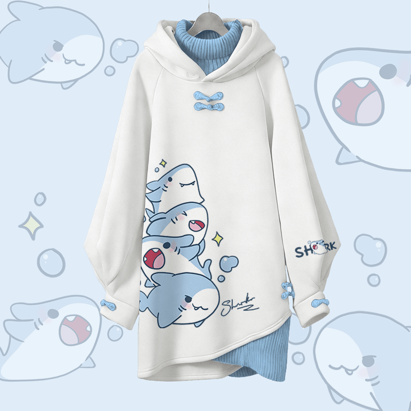 Playful Shark Graphic Modakawa Buckle Vintage Hooded Sweatshirt Dress - White - 3XL - image 3