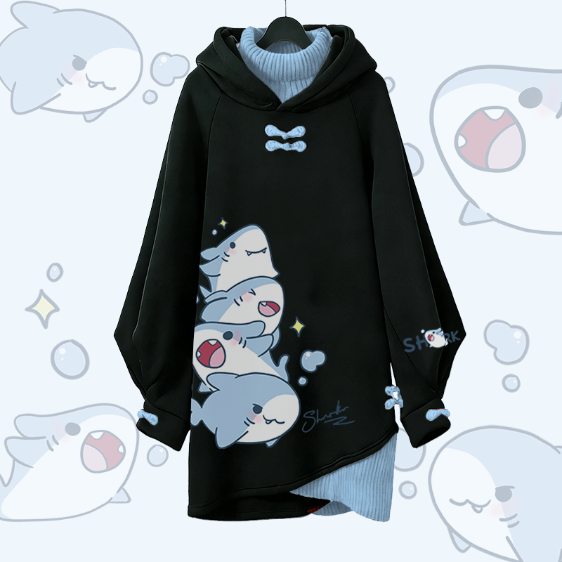 Playful Shark Graphic Modakawa Buckle Vintage Hooded Sweatshirt Dress - Black A - 3XL - image 1