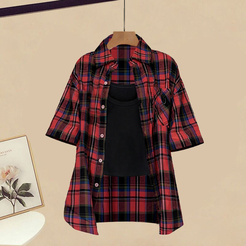 Plaid Shirt Black Tank Top Denim Shorts Leg Warmers Matching Outfit - image 3