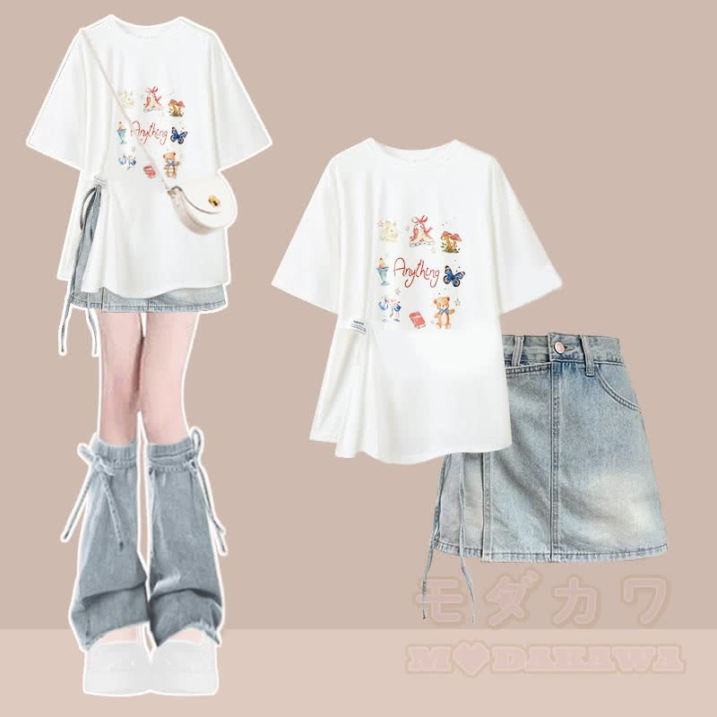 Irregular T-shirt Denim Shorts Matching Outfit - Two Pieces Set A - XL - image 1