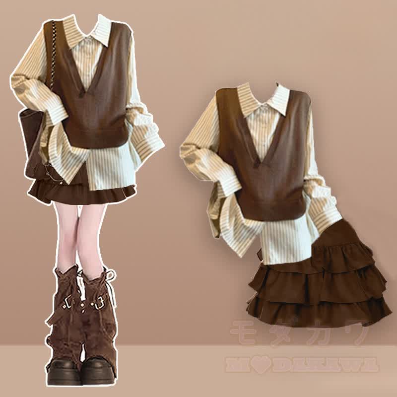 Fake Two Pieces Top Puff Skirt Matching Outfit - Two Pieces Set - XL - image 1