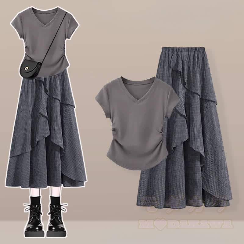 Irregular T-shirt Plaid Skirt Matching Outfit - Two Pieces Set C - 3XL - image 3