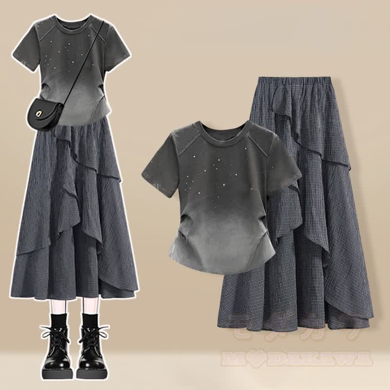 Irregular T-shirt Plaid Skirt Matching Outfit - Two Pieces Set A - 3XL - image 1