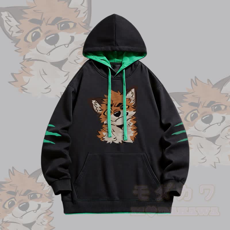 MODAKAWA X atka Funny Fox Graphic Oversized Contrast Lining Pullover Hoodie - Black - 4XL - image 1