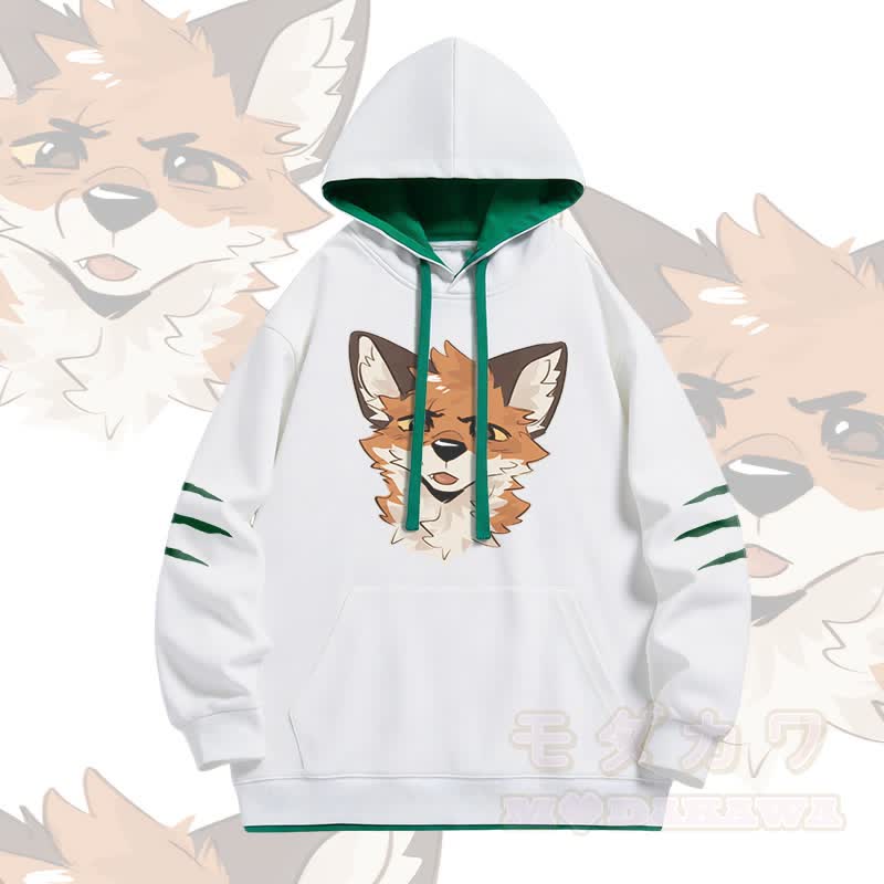 MODAKAWA X atka Squinty Fox Graphic Oversized Contrast Lining Pullover Hoodie - White - 4XL - image 1